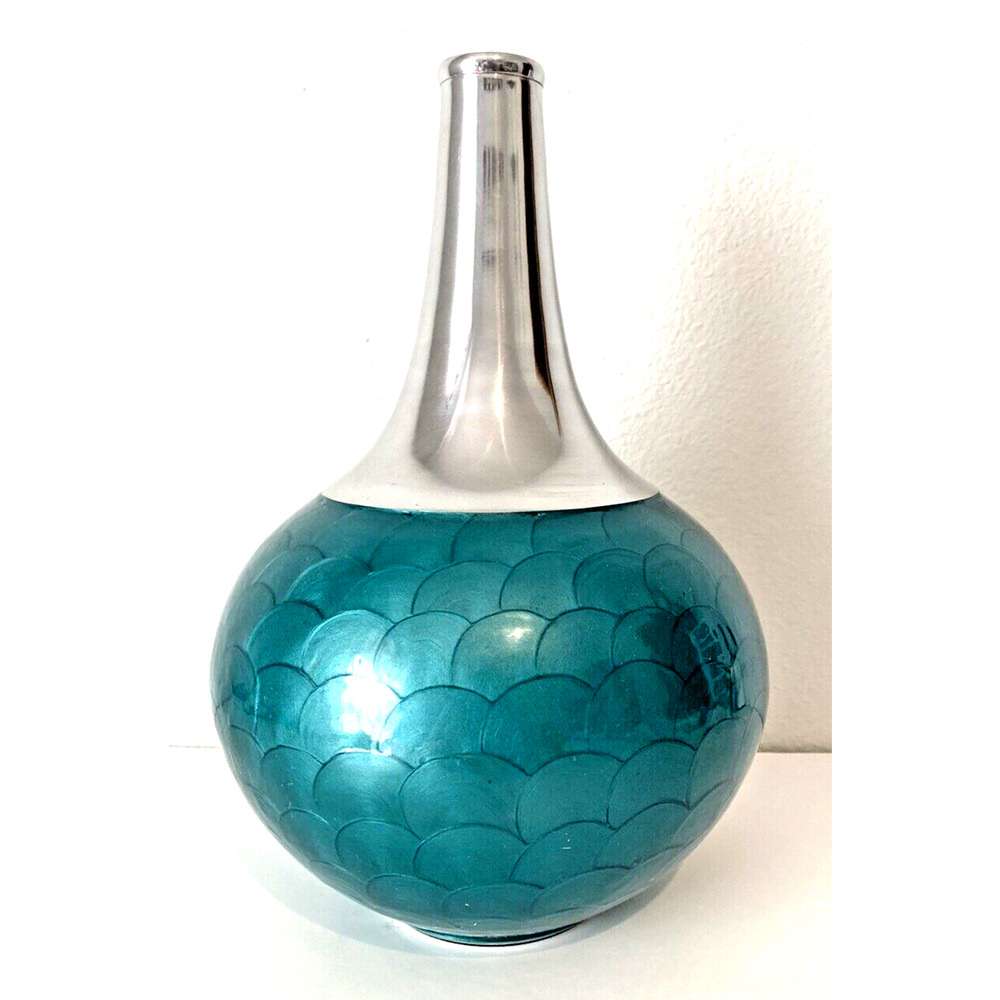 Pier 1 One Imports Textured Blue Enamel Aluminum MCM Style Vase Teal Decorative